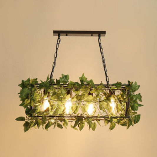 4-Light Rectangle Island Lamp Industrial Black Metal Hanging Light with Faux Plant Decor Green Clearhalo 'Ceiling Lights' 'Island Lights' Lighting' 2364710