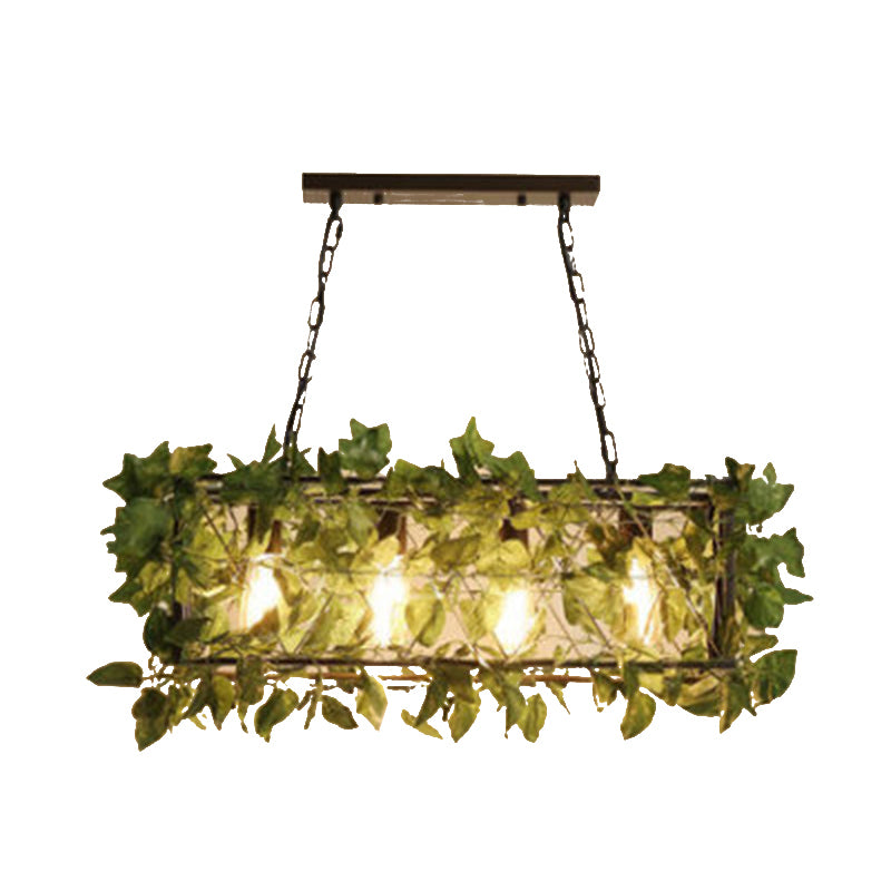 4-Light Rectangle Island Lamp Industrial Black Metal Hanging Light with Faux Plant Decor Clearhalo 'Ceiling Lights' 'Island Lights' Lighting' 2364711