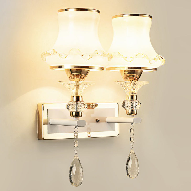 Flared Living Room Wall Light Vintage Frosted Glass Champagne Wall Sconce with Crystal Accents Clearhalo 'Wall Lamps & Sconces' 'Wall Lights' Lighting' 2365082