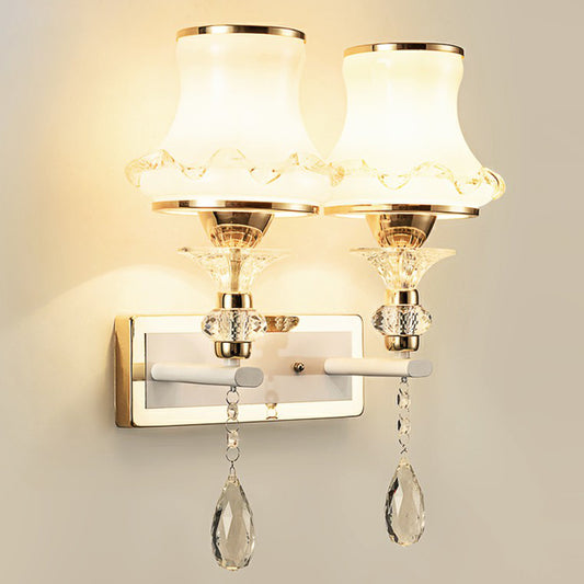 Flared Living Room Wall Light Vintage Frosted Glass Champagne Wall Sconce with Crystal Accents Clearhalo 'Wall Lamps & Sconces' 'Wall Lights' Lighting' 2365082