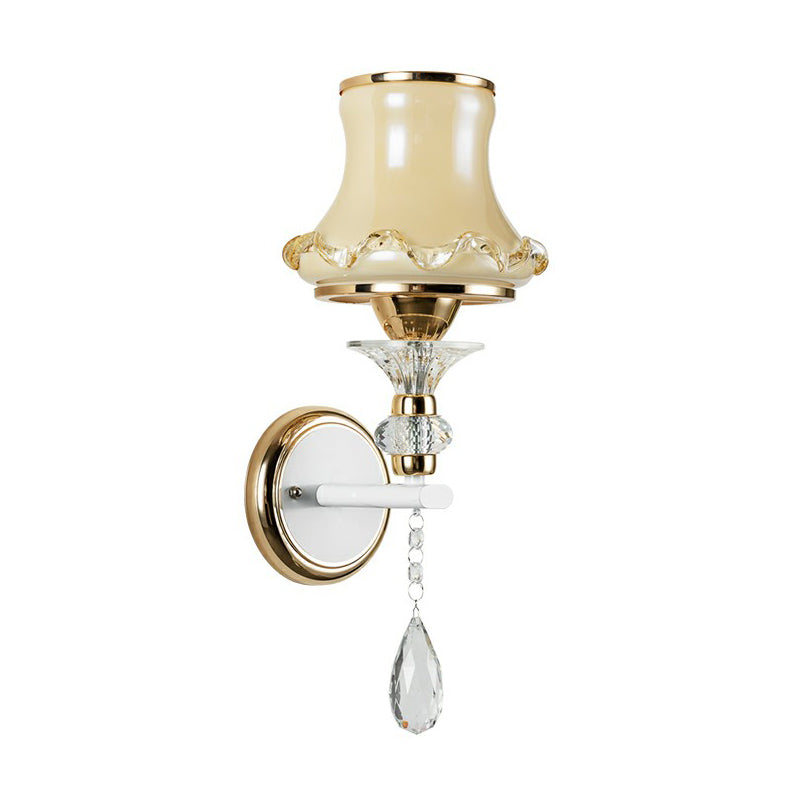 Flared Living Room Wall Light Vintage Frosted Glass Champagne Wall Sconce with Crystal Accents Clearhalo 'Wall Lamps & Sconces' 'Wall Lights' Lighting' 2365083