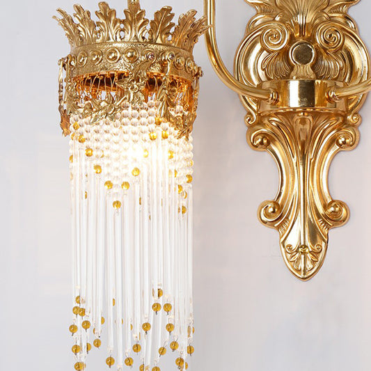 Gold Crown Shaped Wall Light Traditional Metal Living Room Sconce Lamp with Crystal Fringe Clearhalo 'Wall Lamps & Sconces' 'Wall Lights' Lighting' 2365090