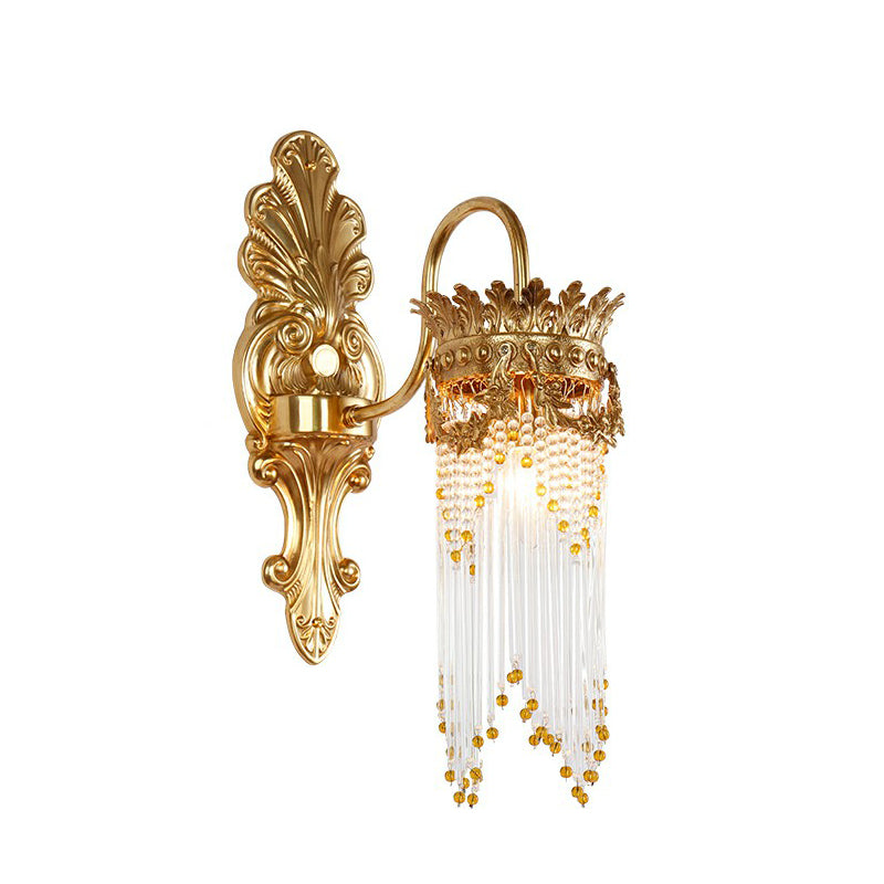 Gold Crown Shaped Wall Light Traditional Metal Living Room Sconce Lamp with Crystal Fringe Clearhalo 'Wall Lamps & Sconces' 'Wall Lights' Lighting' 2365091