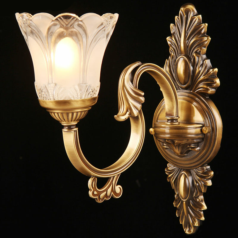 Single-Bulb Floral Wall Sconce Traditional Bronze Frosted White Glass Wall Light for Aisle Clearhalo 'Wall Lamps & Sconces' 'Wall Lights' Lighting' 2365098