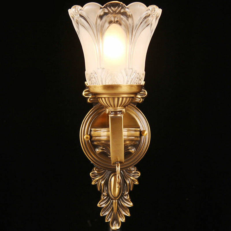 Single-Bulb Floral Wall Sconce Traditional Bronze Frosted White Glass Wall Light for Aisle Clearhalo 'Wall Lamps & Sconces' 'Wall Lights' Lighting' 2365099