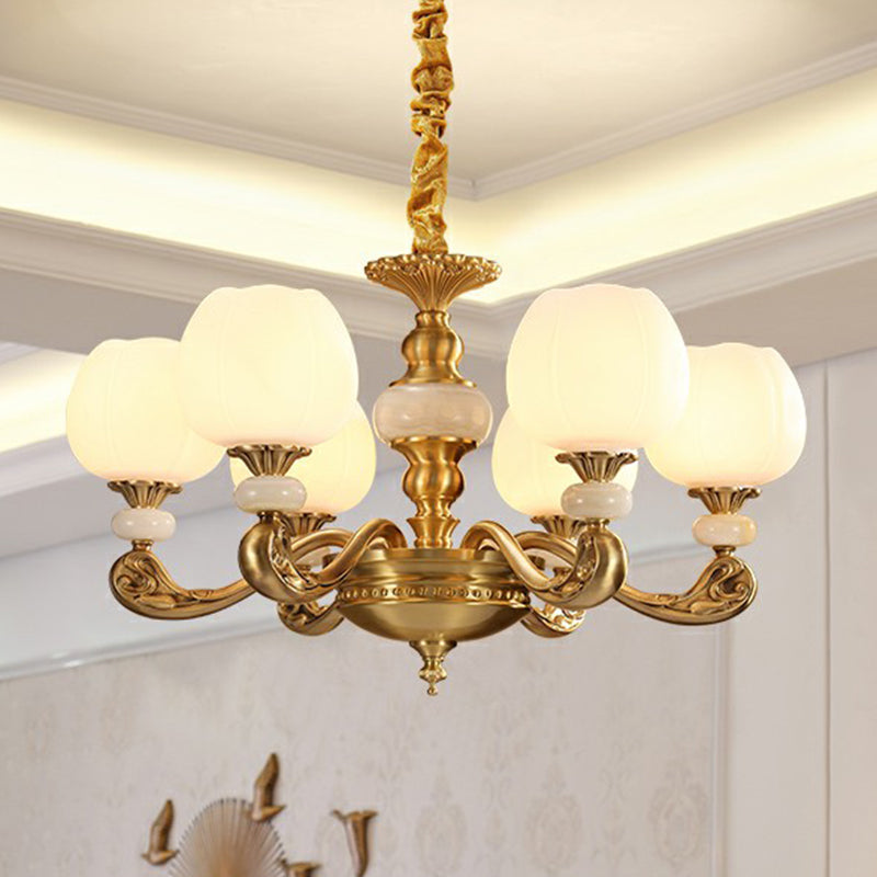 6-Bulb Chandelier Lighting Traditional Ivory Glass Flowerbud Hanging Ceiling Light in Gold Clearhalo 'Ceiling Lights' 'Chandeliers' Lighting' options 2365167