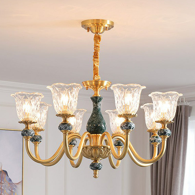 Clear Glass Flower Up Chandelier Colonial Living Room Suspended Lighting Fixture in Brass Clearhalo 'Ceiling Lights' 'Chandeliers' Lighting' options 2365173