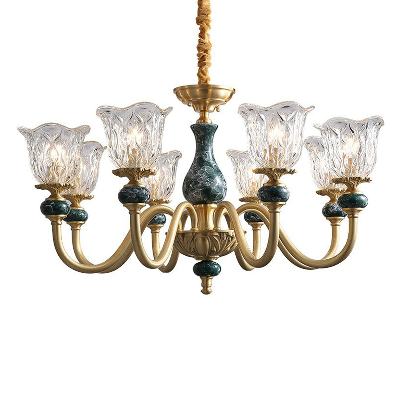 Clear Glass Flower Up Chandelier Colonial Living Room Suspended Lighting Fixture in Brass Clearhalo 'Ceiling Lights' 'Chandeliers' Lighting' options 2365174