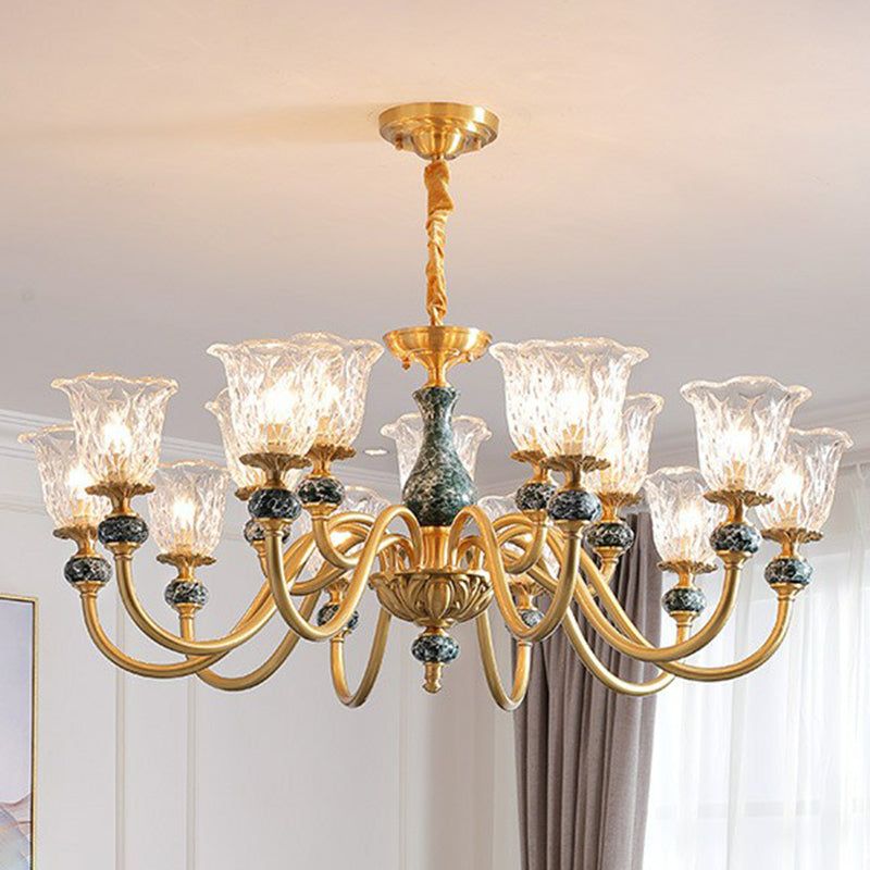 Clear Glass Flower Up Chandelier Colonial Living Room Suspended Lighting Fixture in Brass Clearhalo 'Ceiling Lights' 'Chandeliers' Lighting' options 2365175