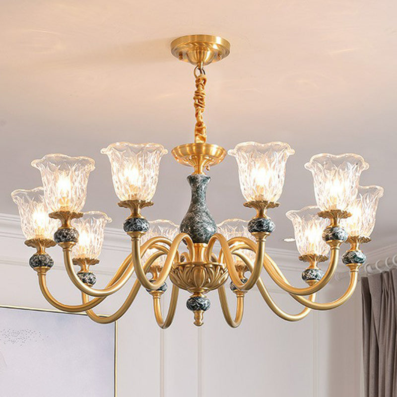 Clear Glass Flower Up Chandelier Colonial Living Room Suspended Lighting Fixture in Brass 10 Clear Clearhalo 'Ceiling Lights' 'Chandeliers' Lighting' options 2365176_64c10f5b-9e6b-4d7a-9a5c-c0526ce30826