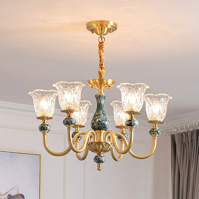 Clear Glass Flower Up Chandelier Colonial Living Room Suspended Lighting Fixture in Brass 6 Clear Clearhalo 'Ceiling Lights' 'Chandeliers' Lighting' options 2365177_3f3b35cf-bcdc-4a35-a8cd-73ad7a5e7b2f