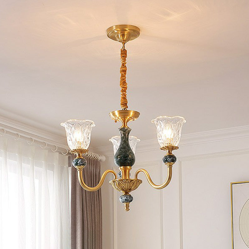 Clear Glass Flower Up Chandelier Colonial Living Room Suspended Lighting Fixture in Brass 3 Clear Clearhalo 'Ceiling Lights' 'Chandeliers' Lighting' options 2365178_304af4f9-ee4c-4801-8235-38b3835bd674