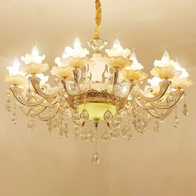 White Faux Candle Chandelier Light Traditional Frosted Glass Living Room Pendant with Crystal Deco 15 White Lotus Clearhalo 'Ceiling Lights' 'Chandeliers' Lighting' options 2365181_e1a1b0fc-58be-4eb3-b16e-8c9e7c5eb137