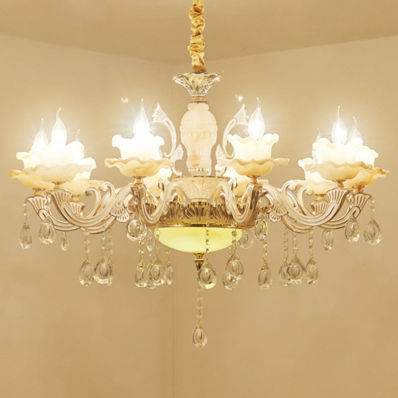 White Faux Candle Chandelier Light Traditional Frosted Glass Living Room Pendant with Crystal Deco Clearhalo 'Ceiling Lights' 'Chandeliers' Lighting' options 2365183