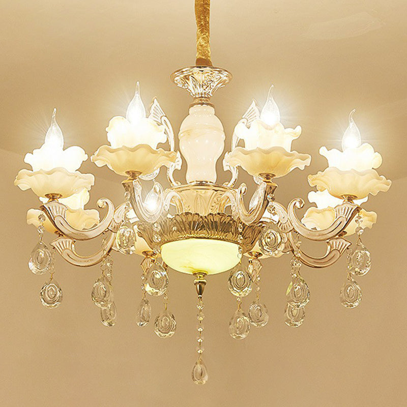 White Faux Candle Chandelier Light Traditional Frosted Glass Living Room Pendant with Crystal Deco Clearhalo 'Ceiling Lights' 'Chandeliers' Lighting' options 2365184