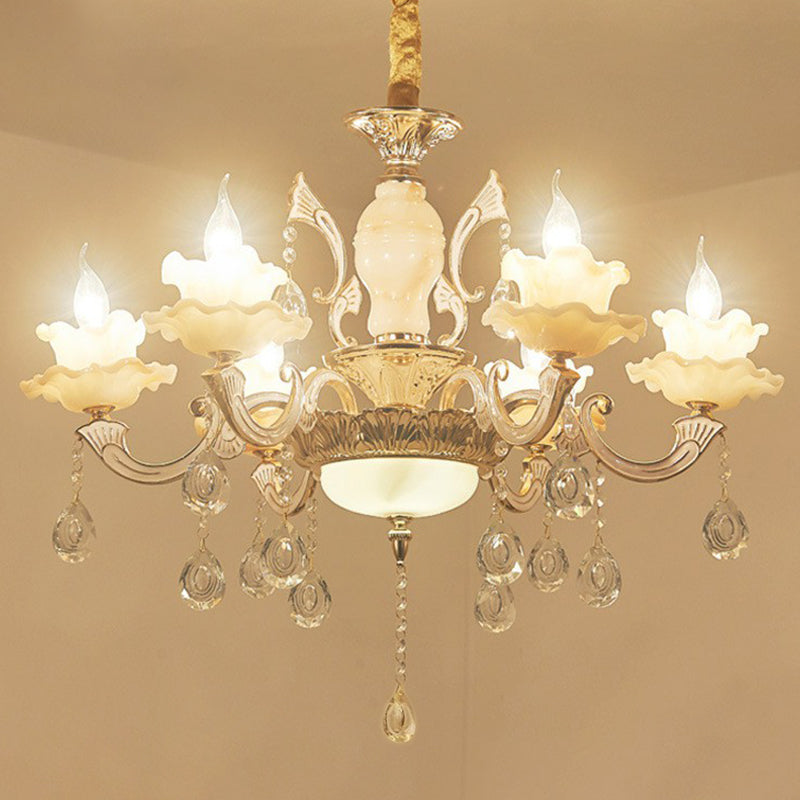 White Faux Candle Chandelier Light Traditional Frosted Glass Living Room Pendant with Crystal Deco Clearhalo 'Ceiling Lights' 'Chandeliers' Lighting' options 2365186