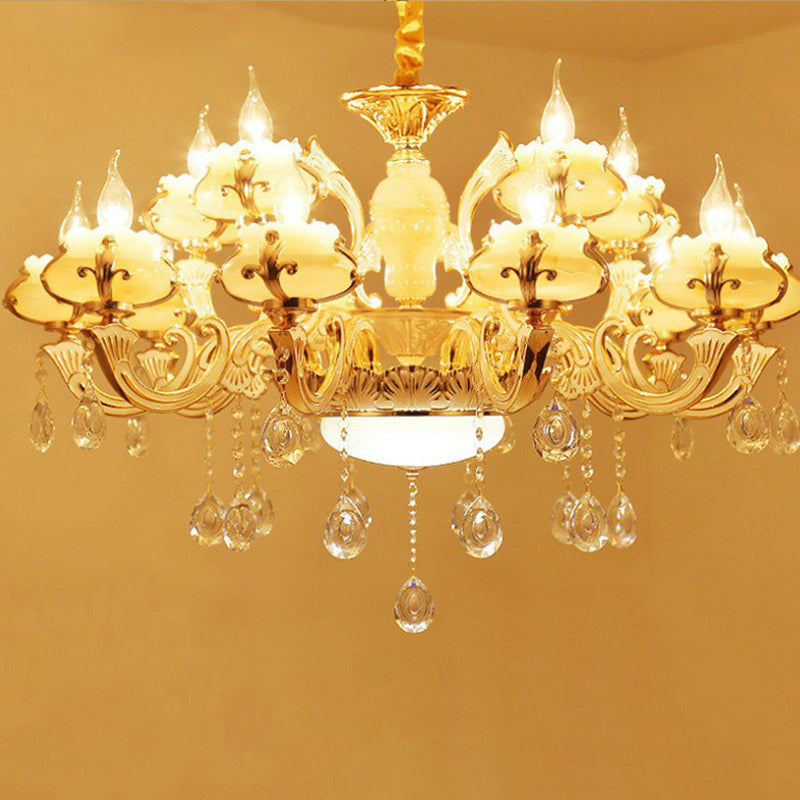 White Faux Candle Chandelier Light Traditional Frosted Glass Living Room Pendant with Crystal Deco Clearhalo 'Ceiling Lights' 'Chandeliers' Lighting' options 2365188