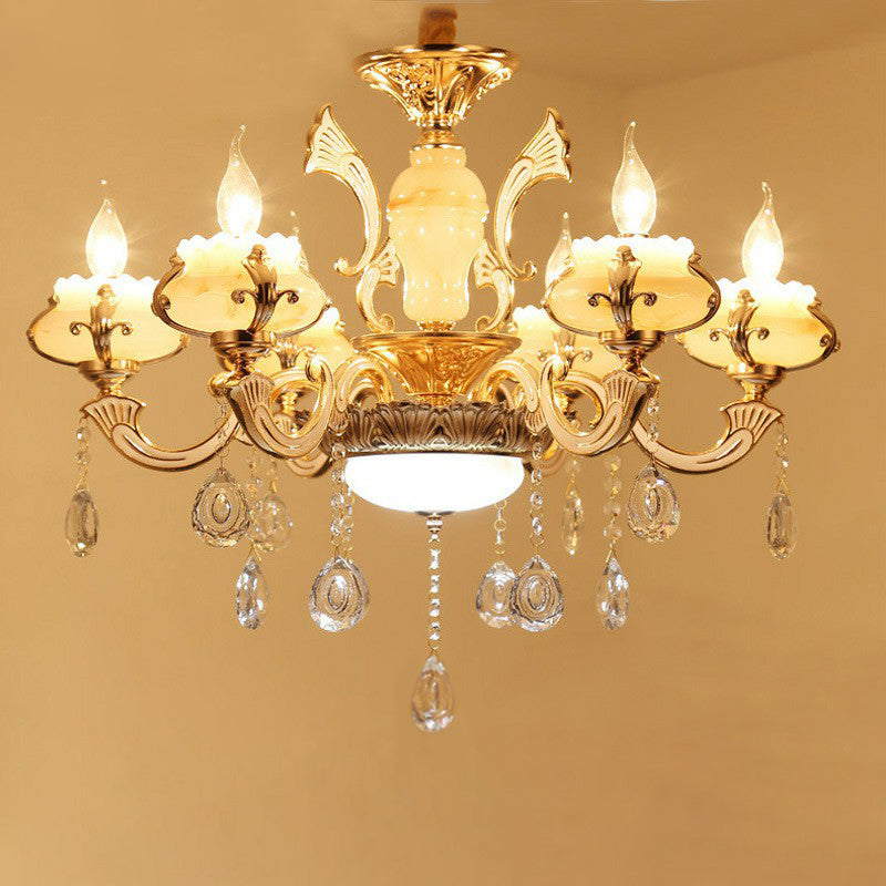 White Faux Candle Chandelier Light Traditional Frosted Glass Living Room Pendant with Crystal Deco Clearhalo 'Ceiling Lights' 'Chandeliers' Lighting' options 2365193