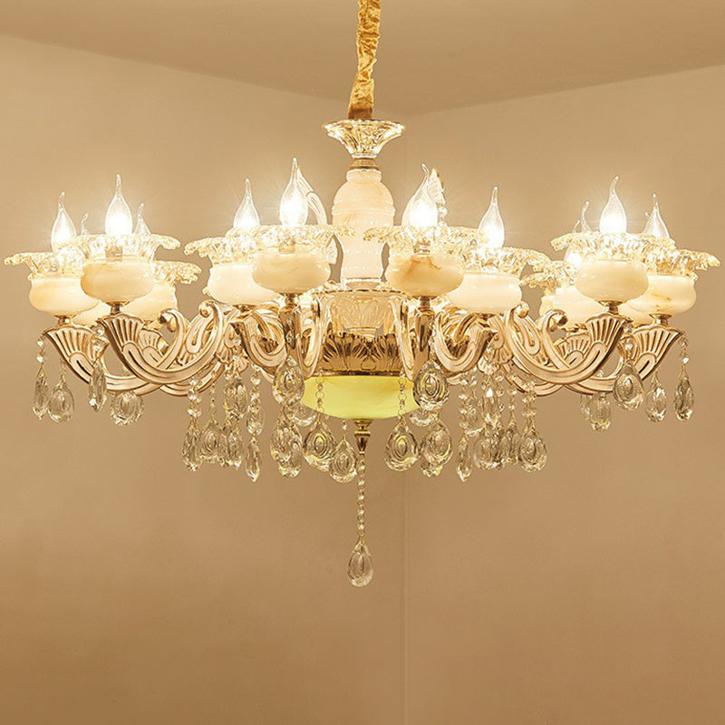 White Faux Candle Chandelier Light Traditional Frosted Glass Living Room Pendant with Crystal Deco 15 White Flower Clearhalo 'Ceiling Lights' 'Chandeliers' Lighting' options 2365195_095974dd-7ae6-4b7e-a709-8c18642be679