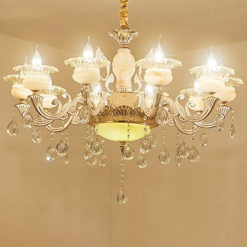 White Faux Candle Chandelier Light Traditional Frosted Glass Living Room Pendant with Crystal Deco Clearhalo 'Ceiling Lights' 'Chandeliers' Lighting' options 2365196