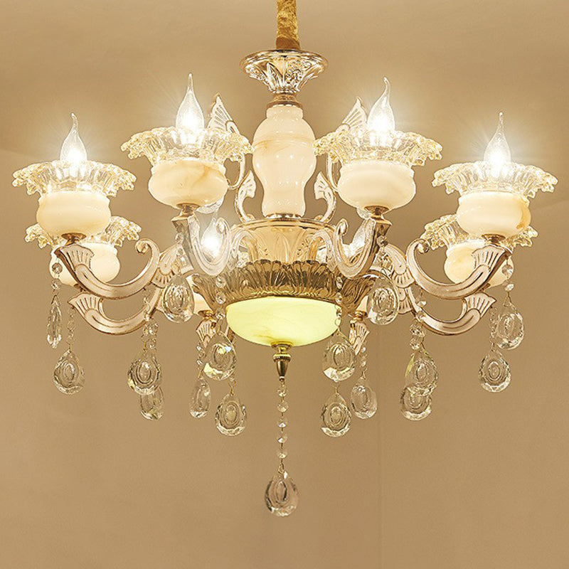 White Faux Candle Chandelier Light Traditional Frosted Glass Living Room Pendant with Crystal Deco Clearhalo 'Ceiling Lights' 'Chandeliers' Lighting' options 2365197