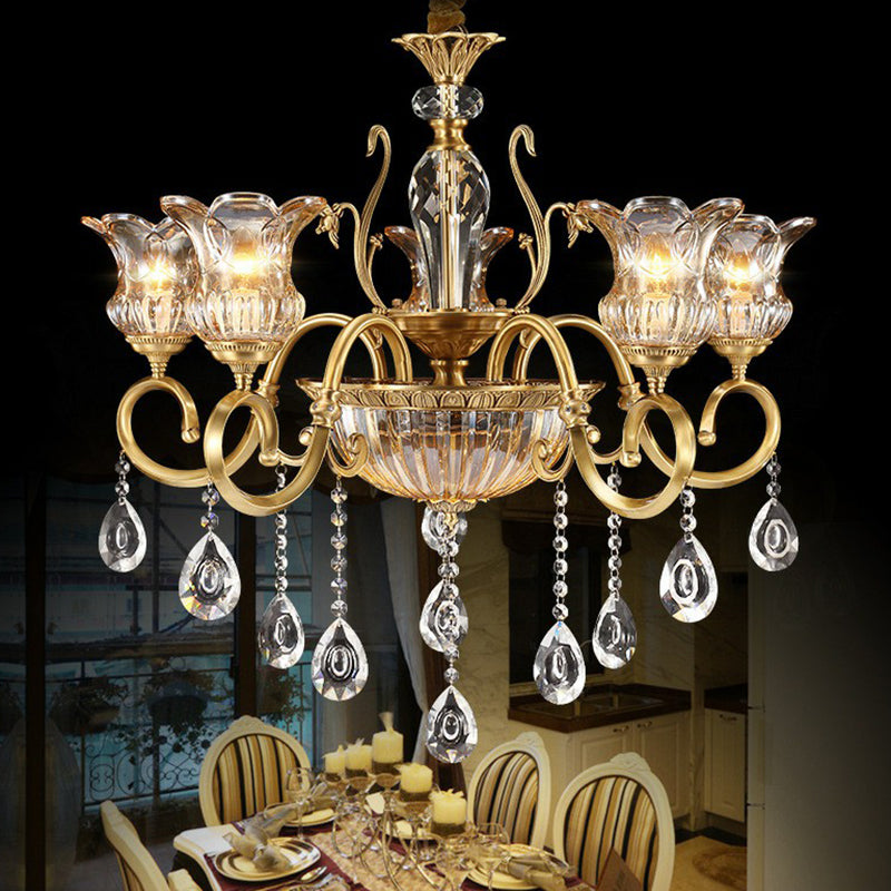 Flower Living Room Hanging Lamp Retro Clear Crystal Glass Brass Chandelier Light Fixture Clearhalo 'Ceiling Lights' 'Chandeliers' Lighting' options 2365199