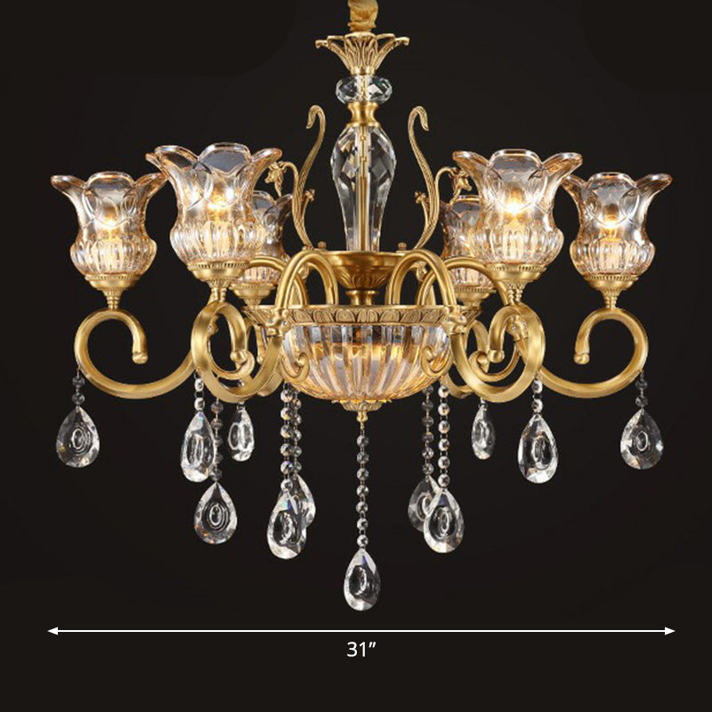 Flower Living Room Hanging Lamp Retro Clear Crystal Glass Brass Chandelier Light Fixture Clearhalo 'Ceiling Lights' 'Chandeliers' Lighting' options 2365204