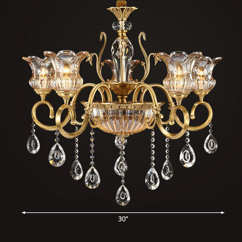 Flower Living Room Hanging Lamp Retro Clear Crystal Glass Brass Chandelier Light Fixture Clearhalo 'Ceiling Lights' 'Chandeliers' Lighting' options 2365205