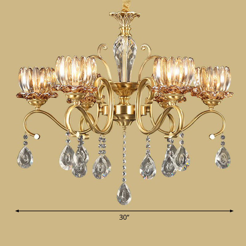 Flower Living Room Hanging Lamp Retro Clear Crystal Glass Brass Chandelier Light Fixture Clearhalo 'Ceiling Lights' 'Chandeliers' Lighting' options 2365207