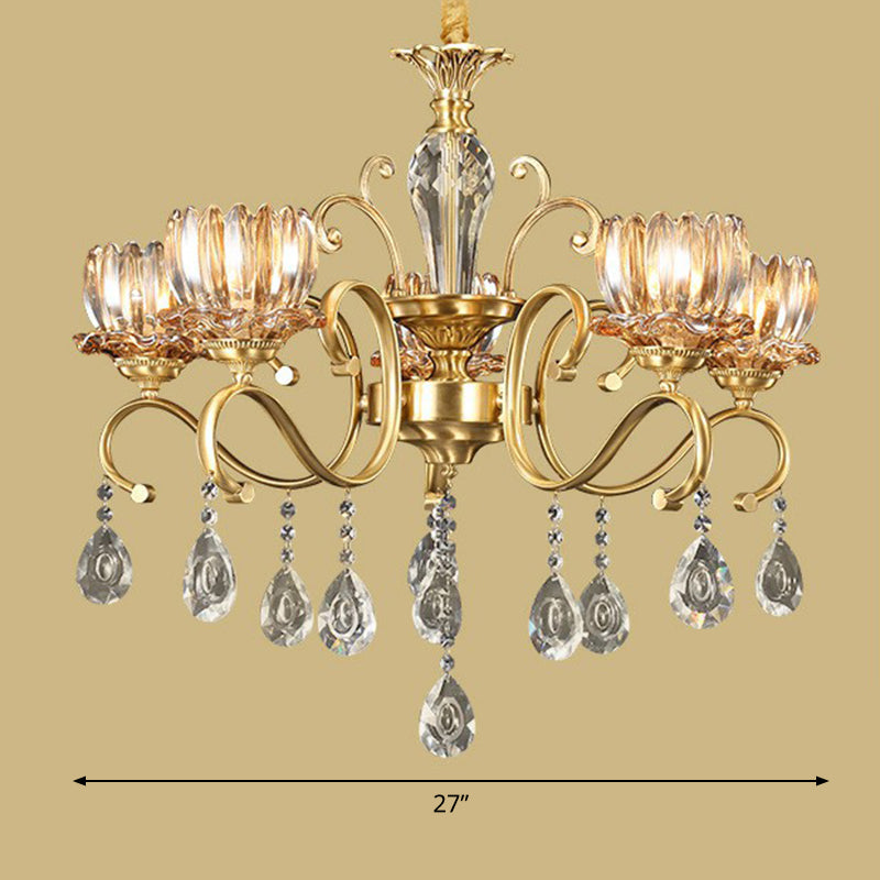 Flower Living Room Hanging Lamp Retro Clear Crystal Glass Brass Chandelier Light Fixture 5 Clear Flower Clearhalo 'Ceiling Lights' 'Chandeliers' Lighting' options 2365208_ce60fd77-0647-46f9-ac17-07b45a1808d5