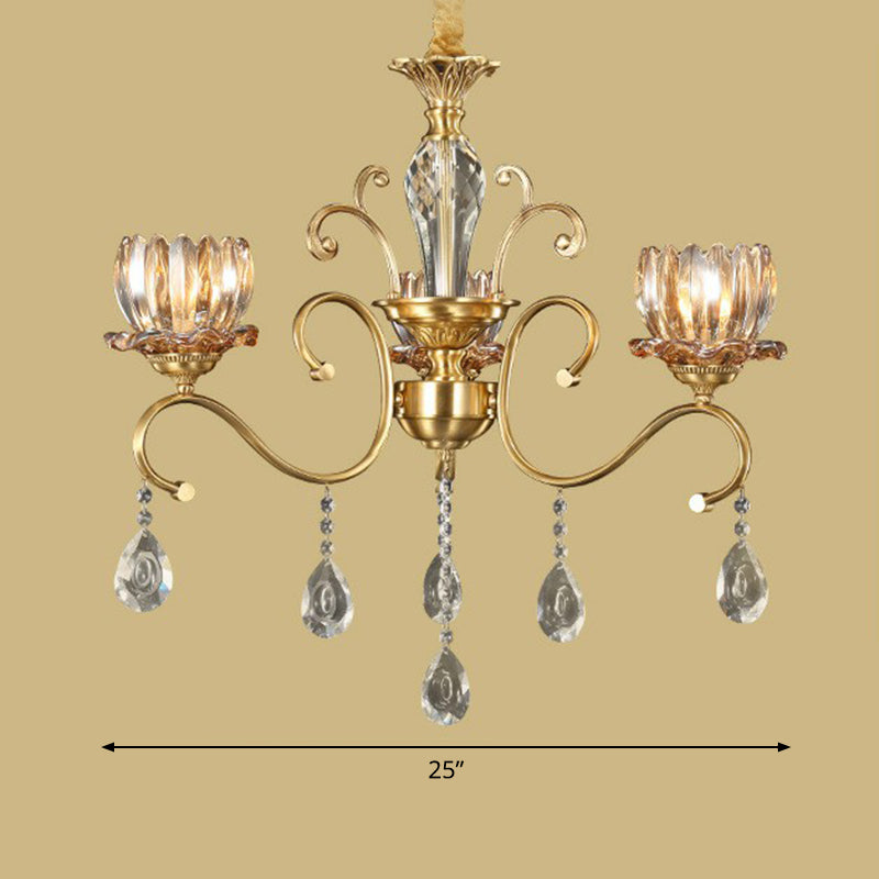 Flower Living Room Hanging Lamp Retro Clear Crystal Glass Brass Chandelier Light Fixture Clearhalo 'Ceiling Lights' 'Chandeliers' Lighting' options 2365209