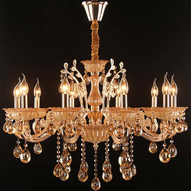 Amber Glass Candle Chandelier Lamp Traditional Living Room Suspension Light in Gold with Crystal Decor 10 Gold Clearhalo 'Ceiling Lights' 'Chandeliers' Lighting' 2365217