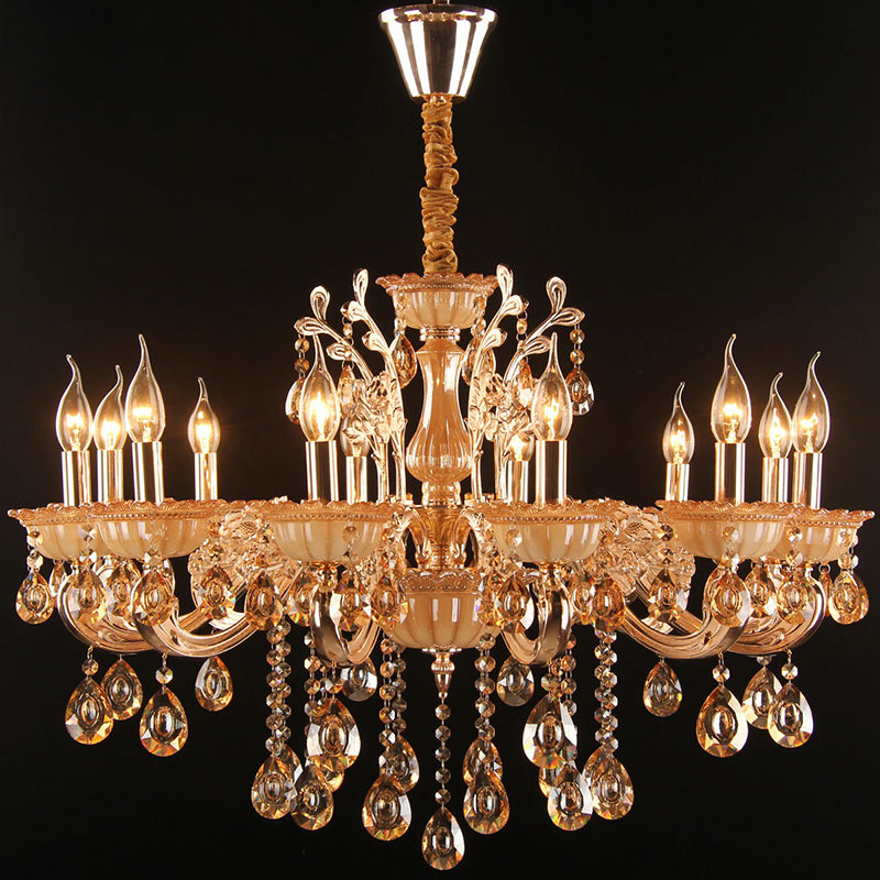 Amber Glass Candle Chandelier Lamp Traditional Living Room Suspension Light in Gold with Crystal Decor 12 Gold Clearhalo 'Ceiling Lights' 'Chandeliers' Lighting' 2365220