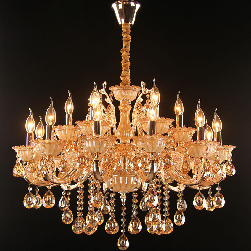 Amber Glass Candle Chandelier Lamp Traditional Living Room Suspension Light in Gold with Crystal Decor 18 Gold Clearhalo 'Ceiling Lights' 'Chandeliers' Lighting' 2365221