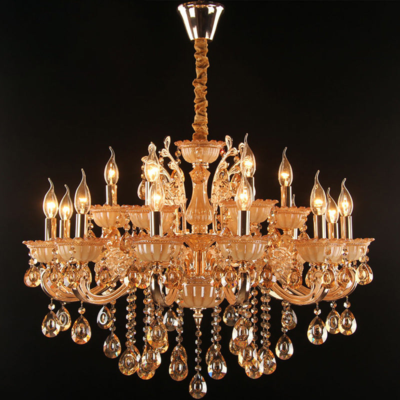 Amber Glass Candle Chandelier Lamp Traditional Living Room Suspension Light in Gold with Crystal Decor 15 Gold Clearhalo 'Ceiling Lights' 'Chandeliers' Lighting' 2365222