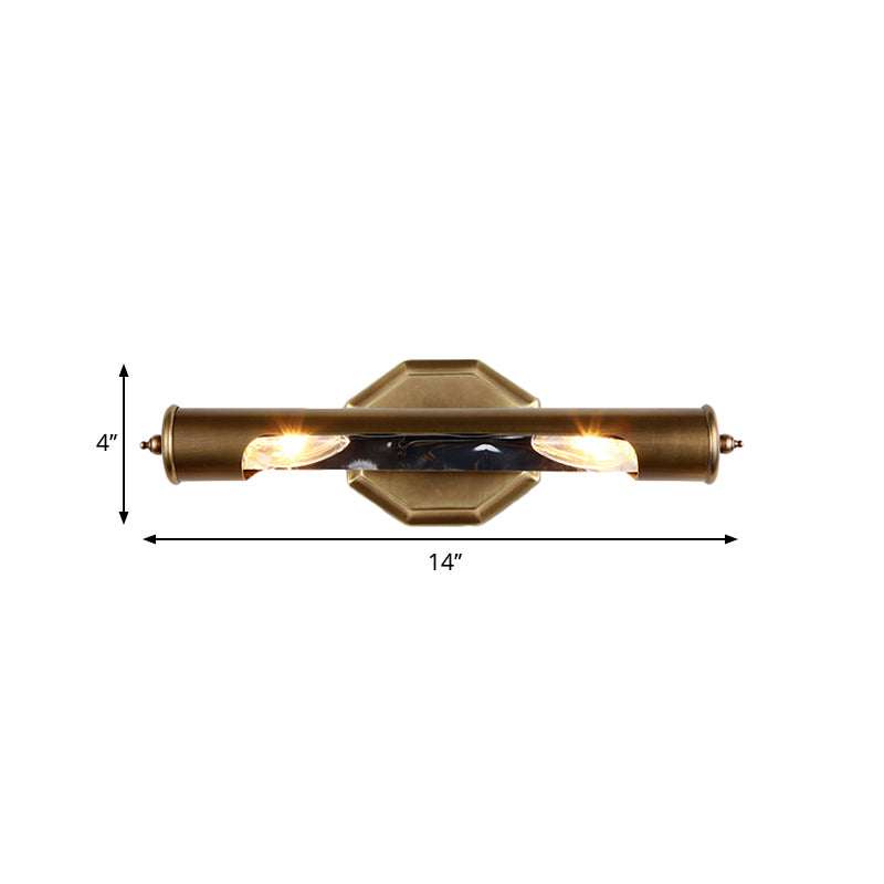 2 Bulbs Bedroom Wall Light Sconce with Tube Metallic Shade Brass Finish Vanity Lighting Fixture, 14"/18" W Clearhalo 'Cast Iron' 'Glass' 'Industrial' 'Modern wall lights' 'Modern' 'Tiffany' 'Traditional wall lights' 'Vanity Lights' 'Wall Lights' Lighting' 236592