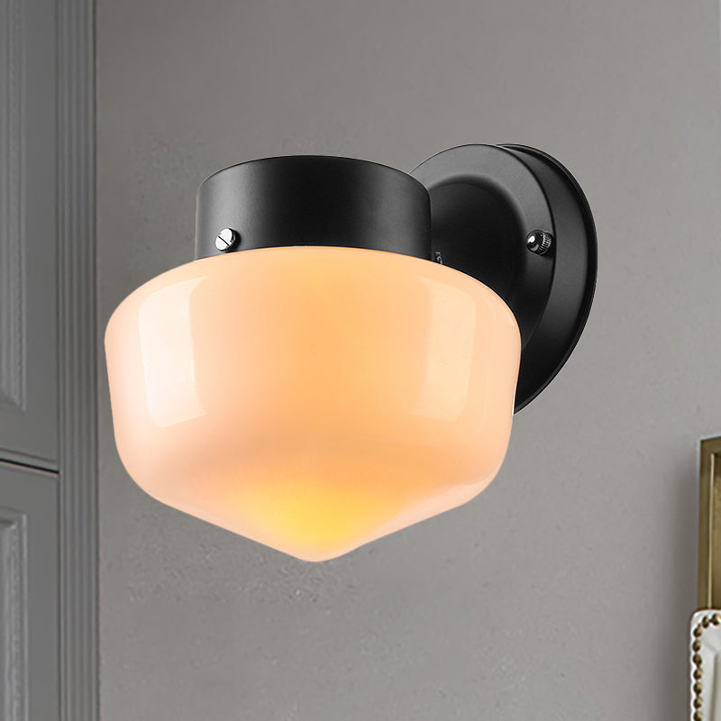 Schoolhouse Sconce Light Modern White Glass 1 Light Black/White Mirror Wall Mounted Lamp Clearhalo 'Cast Iron' 'Glass' 'Industrial' 'Modern wall lights' 'Modern' 'Tiffany' 'Traditional wall lights' 'Wall Lamps & Sconces' 'Wall Lights' Lighting' 236601