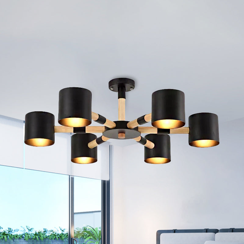 Cylinder Shade Hotel Hanging Light Metal & Wood 6 Heads Nordic Chandelier Clearhalo 'Ceiling Lights' 'Chandeliers' Lighting' options 236662