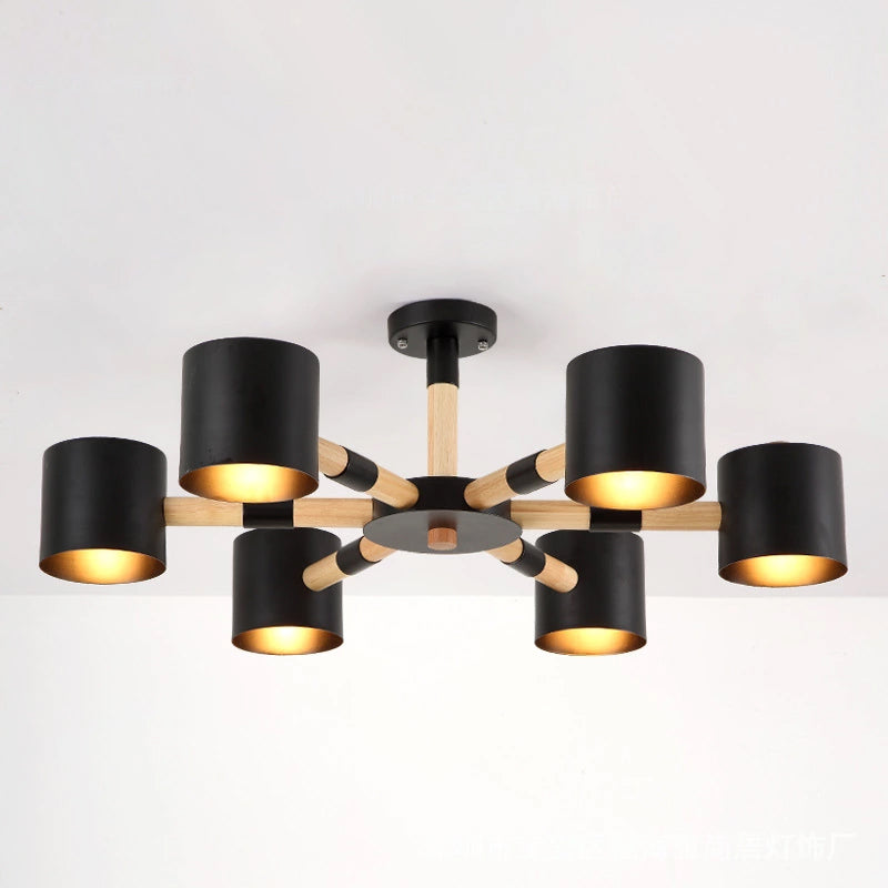 Cylinder Shade Hotel Hanging Light Metal & Wood 6 Heads Nordic Chandelier Clearhalo 'Ceiling Lights' 'Chandeliers' Lighting' options 236663