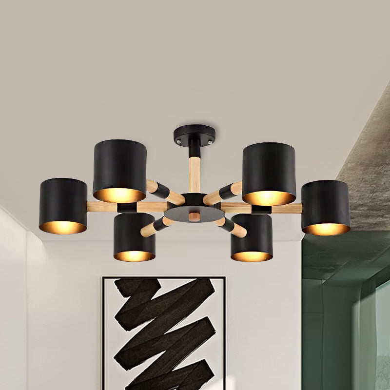 Cylinder Shade Hotel Hanging Light Metal & Wood 6 Heads Nordic Chandelier Clearhalo 'Ceiling Lights' 'Chandeliers' Lighting' options 236664