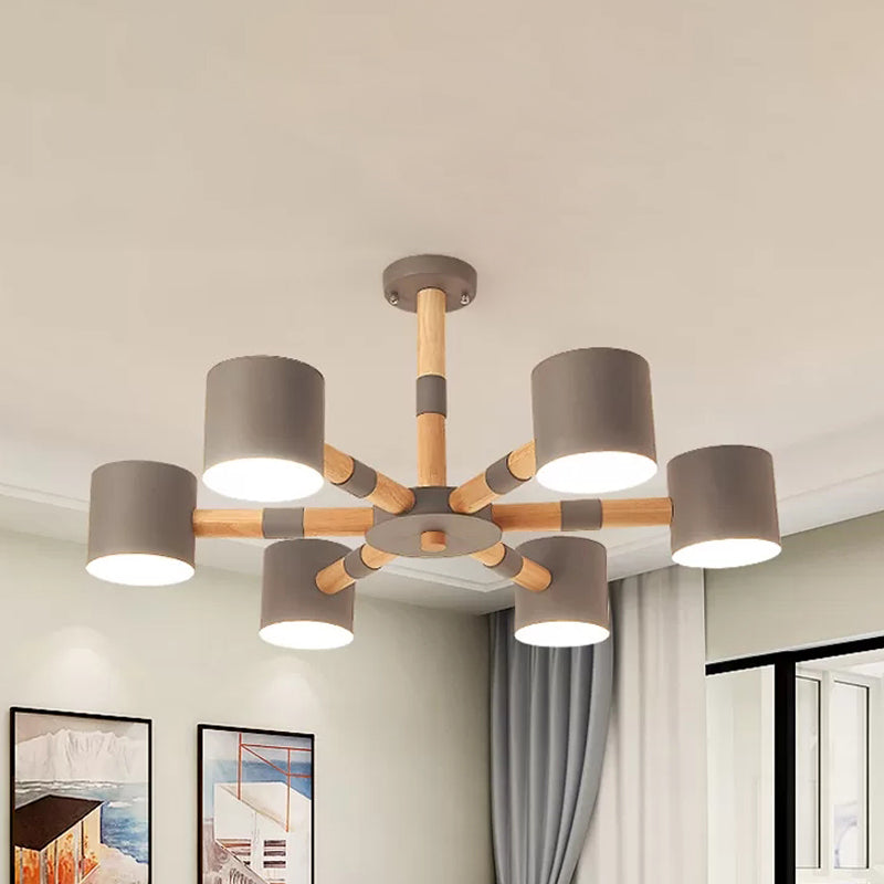 Cylinder Shade Hotel Hanging Light Metal & Wood 6 Heads Nordic Chandelier Clearhalo 'Ceiling Lights' 'Chandeliers' Lighting' options 236666