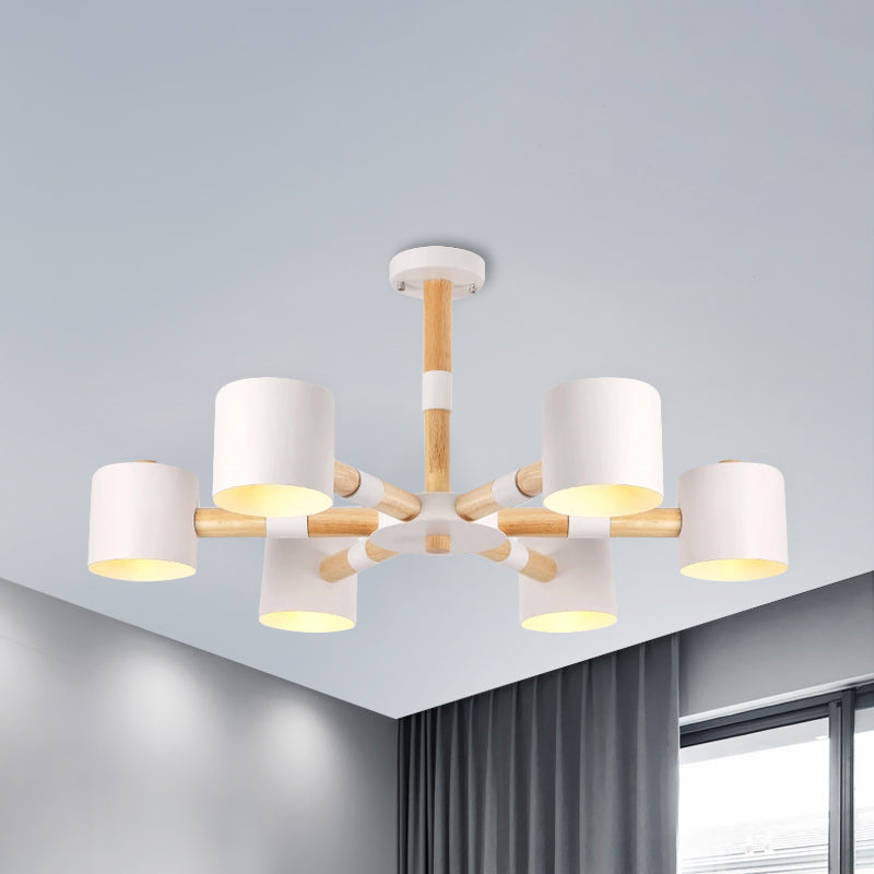 Cylinder Shade Hotel Hanging Light Metal & Wood 6 Heads Nordic Chandelier White Clearhalo 'Ceiling Lights' 'Chandeliers' Lighting' options 236668_f1721a59-eadf-4ba8-8a32-330ceeaa7711