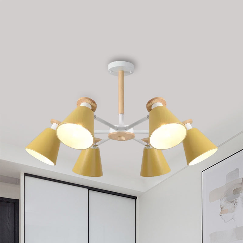 Rotatable Cone Living Room Chandelier Metal 6 Lights Macaron Loft Hanging Light Yellow Clearhalo 'Ceiling Lights' 'Chandeliers' Lighting' options 236827_ffb11c0c-a00f-41e9-8a20-365007d88fdd