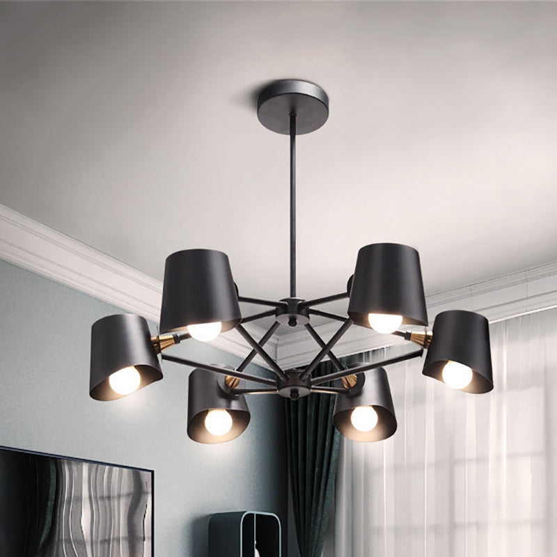 Bucket Shade Study Room Chandelier Metal 6 Lights Modern Pendant Light in Black Black Clearhalo 'Ceiling Lights' 'Chandeliers' 'Modern Chandeliers' 'Modern' Lighting' 236853