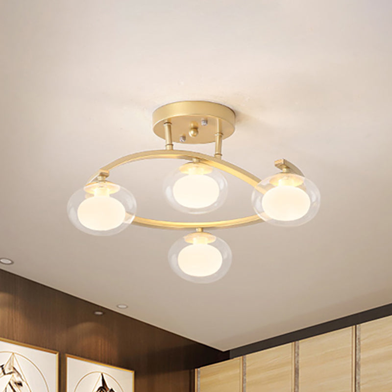 Twist Arm Semi Ceiling Mount Light with Oval Shade Contemporary Metal Ceiling Lamp for Cafe 4 Gold Clearhalo 'Ceiling Lights' 'Close To Ceiling Lights' 'Close to ceiling' 'Glass shade' 'Glass' 'Semi-flushmount' Lighting' 236899