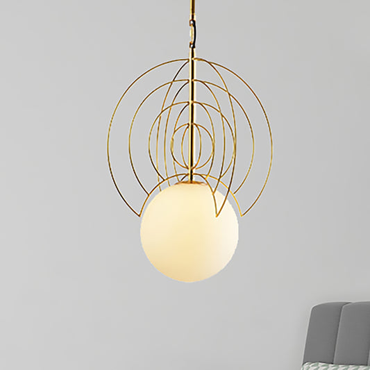 Milk Glass Orb Pendant Lamp with Wire Ring 1 Head Contemporary Suspension Light in Gold for Hotel Gold Clearhalo 'Ceiling Lights' 'Modern Pendants' 'Modern' 'Pendant Lights' 'Pendants' Lighting' 236926