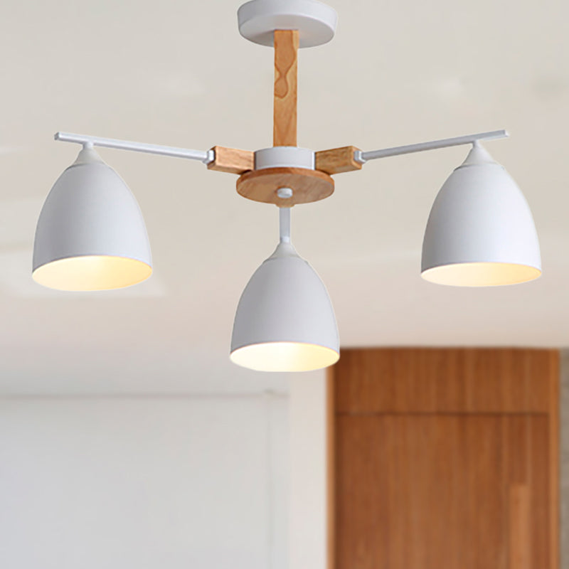 Metal Dome Shade Hanging Chandelier 3/6 Lights Modern Wood Arm Ceiling Hanging Lamp in Green/Grey/White Clearhalo 'Ceiling Lights' 'Chandeliers' 'Modern Chandeliers' 'Modern' Lighting' 237002