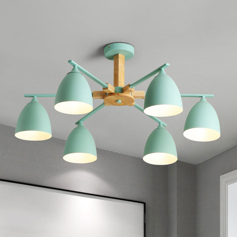 Metal Dome Shade Hanging Chandelier 3/6 Lights Modern Wood Arm Ceiling Hanging Lamp in Green/Grey/White 6 Green Clearhalo 'Ceiling Lights' 'Chandeliers' 'Modern Chandeliers' 'Modern' Lighting' 237003