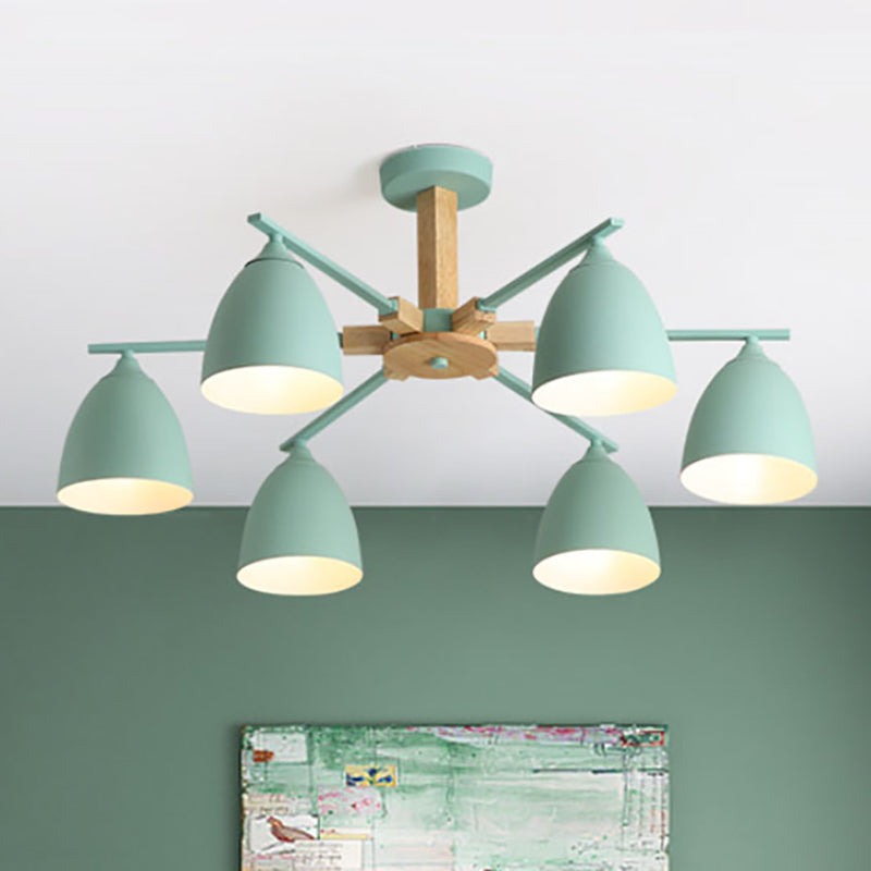 Metal Dome Shade Hanging Chandelier 3/6 Lights Modern Wood Arm Ceiling Hanging Lamp in Green/Grey/White Clearhalo 'Ceiling Lights' 'Chandeliers' 'Modern Chandeliers' 'Modern' Lighting' 237004