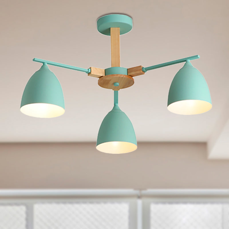 Metal Dome Shade Hanging Chandelier 3/6 Lights Modern Wood Arm Ceiling Hanging Lamp in Green/Grey/White 3 Green Clearhalo 'Ceiling Lights' 'Chandeliers' 'Modern Chandeliers' 'Modern' Lighting' 237005